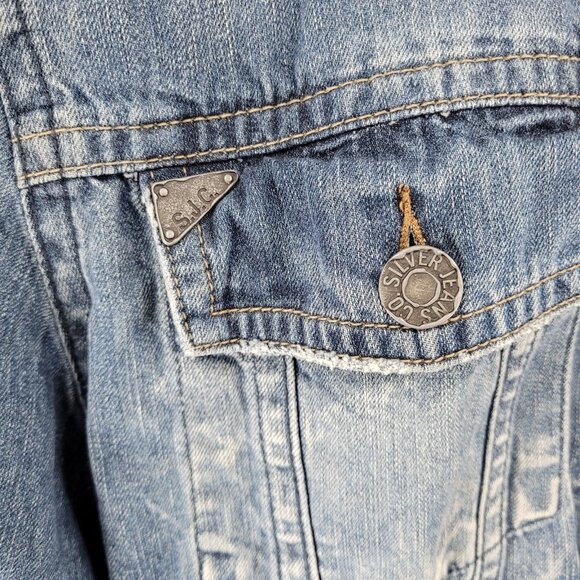 Silver Jeans Blue Denim Western Glove Works Distressed Jean Jacket Size XXL - Picture 9 of 14
